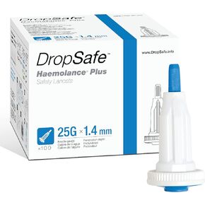 Haemolance Plus Safety Lancet, Low Flow, 25 Gauge, 1.4mm, Top Button Activated Blood Glucose Testing, Sterile, Single-Use, 100ct Box