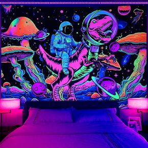 Invoibler Blacklight Dinosaur Tapestry UV Reactive Space Astronaut Tapestry Mushroom Tapestry Neon Galaxy Planet Tapestry Stars Wall Hanging for Bedroom(59.1 x 59.1 inches)