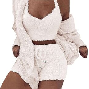 Women's Sexy Warm Fuzzy 3 Piece Outfits Pajamas, Sherpa Hooded Cardigan Outwear Sleeveless Crop Tops Shorts Nightwear Set