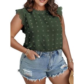 SCOMCHIC المرأة حجم كبير تانك القمم لطيف الصيف بلا أكمام البلوزات الدانتيل تقليم غطاء الأكمام Crewneck السويسري دوت بيبي دول القمم in Kuwait