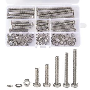 M6 x 20mm 40mm 50mm 60mm 80mm Hex Head Bolts Screws, Nuts, Flat & Lock Washers, Stainless Steel 304, Machine Fully Thread, Bright Finish, Assortment Kit 20Sets