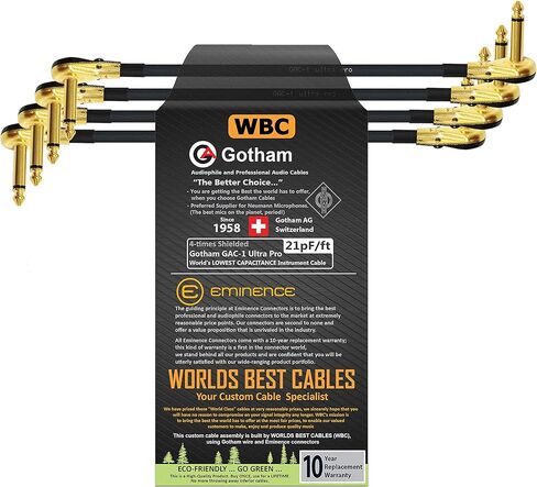 أفضل الكابلات في العالم 4 وحدات - 18 بوصة - Gotham GAC-1 Ultra Pro - أداة تأثيرات جيتار باس منخفضة الغطاء (21pF/قدم)، كابل توصيل على شكل حرف S وذهبي (6.35 مم) مقابس فطيرة R/A منخفضة المستوى - مخصص صنع in Saudi Arabia
