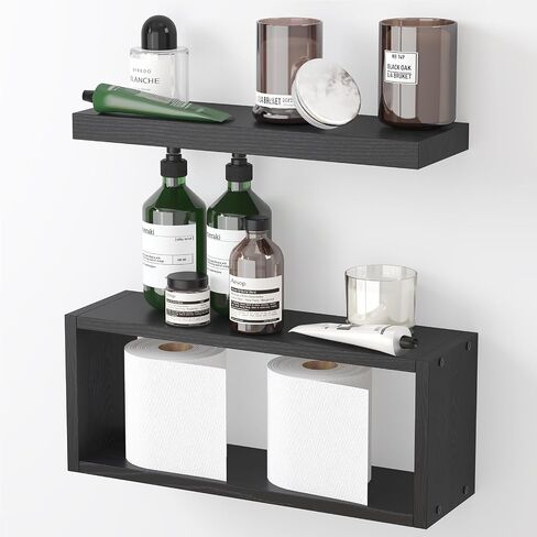 Fixwal 2+1 Tier Floating Shelves, Rustic Bathroom Shelves Over Toilet with Invisible Brackets, Farmhouse Wall Decor for Bedroom, Living Room, Kitchen and Plants (Black) in Saudi Arabia
