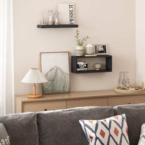 Fixwal 2+1 Tier Floating Shelves, Rustic Bathroom Shelves Over Toilet with Invisible Brackets, Farmhouse Wall Decor for Bedroom, Living Room, Kitchen and Plants (Black) in Saudi Arabia
