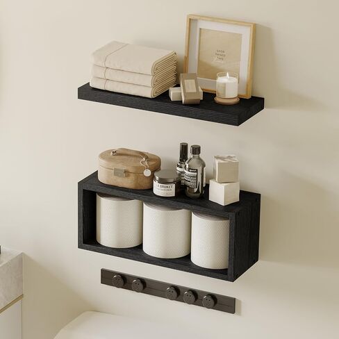 Fixwal 2+1 Tier Floating Shelves, Rustic Bathroom Shelves Over Toilet with Invisible Brackets, Farmhouse Wall Decor for Bedroom, Living Room, Kitchen and Plants (Black) in Saudi Arabia