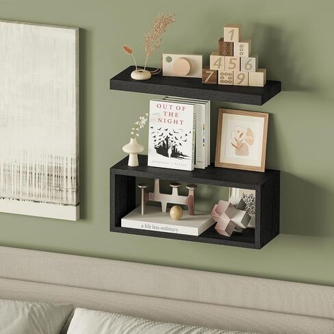 Fixwal 2+1 Tier Floating Shelves, Rustic Bathroom Shelves Over Toilet with Invisible Brackets, Farmhouse Wall Decor for Bedroom, Living Room, Kitchen and Plants (Black) in Saudi Arabia