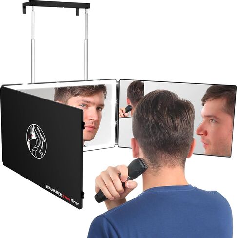 3 Way Mirror with Tri-color Light, Men's Self Haircut Mirror and Women's Makeup Mirror for Couples, Barber Mirror with Lights, 360 Mirror with Adjustable Light and Height (Black) in Saudi Arabia