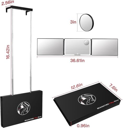 3 Way Mirror with Tri-color Light, Men's Self Haircut Mirror and Women's Makeup Mirror for Couples, Barber Mirror with Lights, 360 Mirror with Adjustable Light and Height (Black) in Saudi Arabia