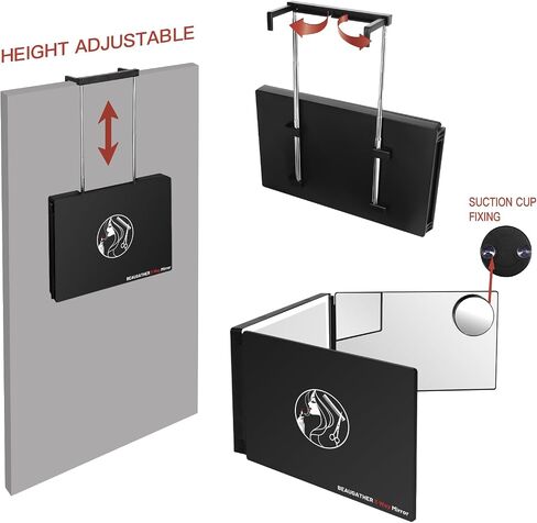 3 Way Mirror with Tri-color Light, Men's Self Haircut Mirror and Women's Makeup Mirror for Couples, Barber Mirror with Lights, 360 Mirror with Adjustable Light and Height (Black) in Saudi Arabia