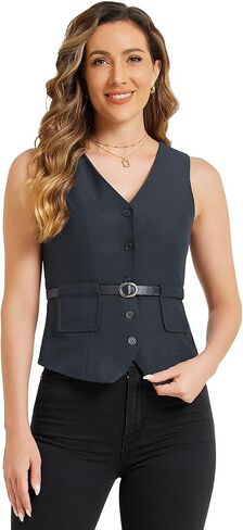 Allegra K Suit Vest for Women's Vintage V Neck Button Up Belt Steampunk Waistcoat in Saudi Arabia