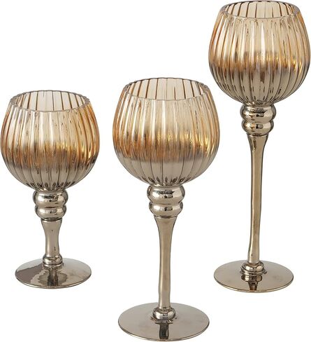 حاملات شموع City Chic Glam Goblet، مجموعة مكونة من 3 قطع، زجاج مطلي باللون الذهبي والعنبر المعدني المتدرج، 7.75، 9.75، 11.75 بوصة in Saudi Arabia