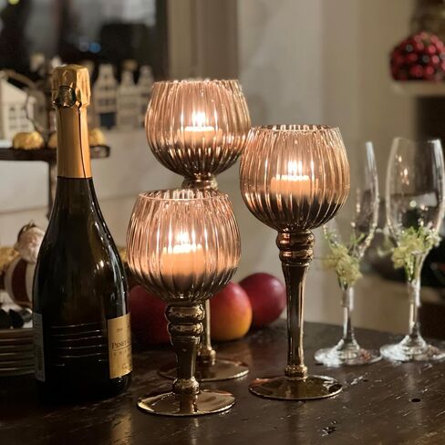 حاملات شموع City Chic Glam Goblet، مجموعة مكونة من 3 قطع، زجاج مطلي باللون الذهبي والعنبر المعدني المتدرج، 7.75، 9.75، 11.75 بوصة in Saudi Arabia