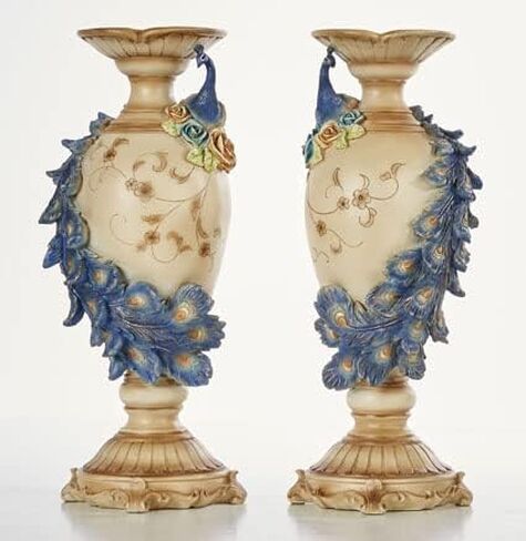 Touch of Class Luxe Plumes Peacock Candleholders Set of Two - Resin - Blue, Beige, Aqua, Caramel - Decorative Tabletop Pieces for Bedroom, Living Room, Dining Room, Mantel, Foyer in Saudi Arabia