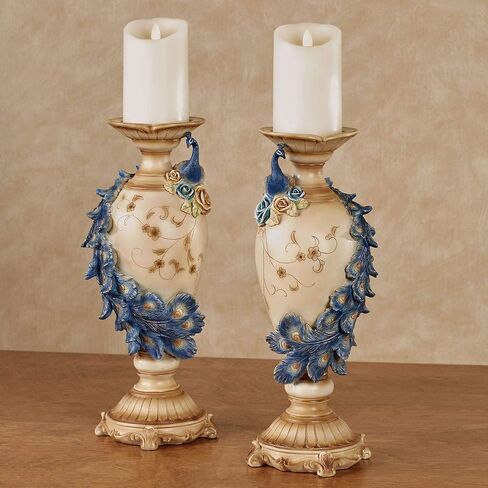 Touch of Class Luxe Plumes Peacock Candleholders Set of Two - Resin - Blue, Beige, Aqua, Caramel - Decorative Tabletop Pieces for Bedroom, Living Room, Dining Room, Mantel, Foyer in Saudi Arabia