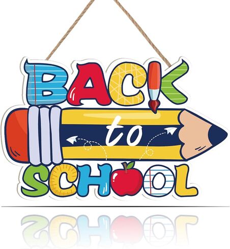 Colorful Back to School Wood Sign Plaque(11.81" x 7.48"), Cute School Wooden Hanging Decoration with Pencil Design, Decorative Classroom Wall Decor Gift for Teacher Student Classroom Front Porch in Saudi Arabia