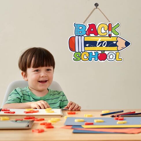 Colorful Back to School Wood Sign Plaque(11.81" x 7.48"), Cute School Wooden Hanging Decoration with Pencil Design, Decorative Classroom Wall Decor Gift for Teacher Student Classroom Front Porch in Saudi Arabia