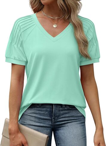 Saloogoe Women's Tops Summer Trendy Pleated Short Sleeve Shirts V Neck T Shirts Fashion 2024 in Kuwait