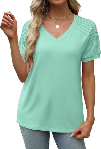 Saloogoe Women's Tops Summer Trendy Pleated Short Sleeve Shirts V Neck T Shirts Fashion 2024 in Kuwait
