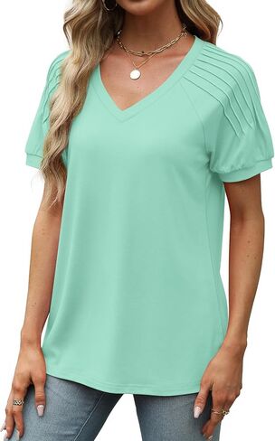 Saloogoe Women's Tops Summer Trendy Pleated Short Sleeve Shirts V Neck T Shirts Fashion 2024 in Kuwait