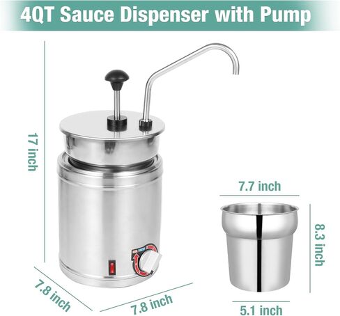 Restlrious Hot Fudge Dispenser with Plastic Pump, 2.6 QT Electric Stainless Steel Round Sauce Warmer with Temp Control, Nacho Cheese Pump Dispenser for Commercial Buffet, Cake Shop & Kitchen,110V/200W in Saudi Arabia