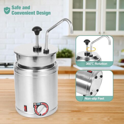 Restlrious Hot Fudge Dispenser with Plastic Pump, 2.6 QT Electric Stainless Steel Round Sauce Warmer with Temp Control, Nacho Cheese Pump Dispenser for Commercial Buffet, Cake Shop & Kitchen,110V/200W in Saudi Arabia