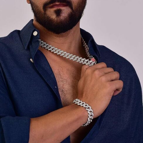 قلادة من سلسلة ربط ميامي الكوبية الصلبة من EMESLY (طول 16، 18، 20، 22، 24، 30 بوصة)؛ سوار هيب هوب (طول 8 بوصات) للرجال والنساء؛ هدية مثالية للمجوهرات المثلج in Kuwait