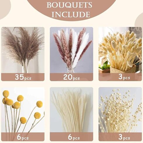 73Pcs Natural Dried Pampas Grass Mix Bouquet, 17.5" Beautiful Boho Home Decor Bouquet, Fluffy Dried Flowers for Home Decor Table Decorations for Party Wedding in Saudi Arabia