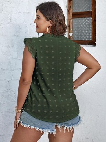 SCOMCHIC المرأة حجم كبير تانك القمم لطيف الصيف بلا أكمام البلوزات الدانتيل تقليم غطاء الأكمام Crewneck السويسري دوت بيبي دول القمم in Kuwait