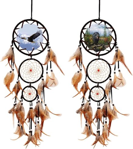 قطعتان من صائدات الأحلام على شكل دب النسر، صائدة الأحلام على الطراز الهندي مصنوعة يدويًا مع ريش وخرز خشبي لديكورات المنزل (النسر، الدب) in Kuwait