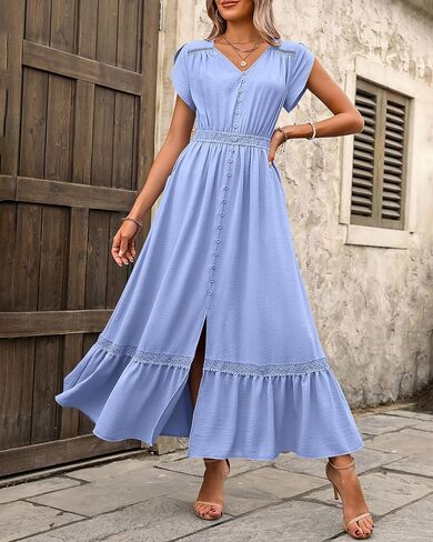 فساتين صيفية نسائية من Dowerme 2024 بأكمام بتلات ورقبة على شكل V وأزرار سفلية فستان طويل من الدانتيل على شكل حرف a in Kuwait