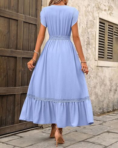 فساتين صيفية نسائية من Dowerme 2024 بأكمام بتلات ورقبة على شكل V وأزرار سفلية فستان طويل من الدانتيل على شكل حرف a in Kuwait