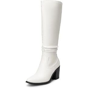DREAM PAIRS Women's Knee-High Boots, Comfortable Chunky Block Heel Pointed Toe Pull On Side Zipper Suede Slouch Riding Boots