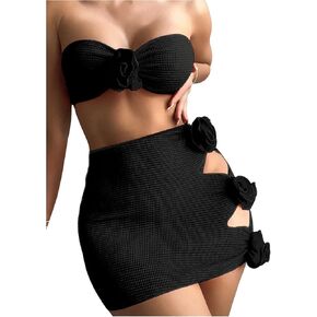 SweatyRocks Women's 3 Piece Bathing Suit Floral Design Strapless High Cut Bikini with Cover Up Skirts Swimsuit
