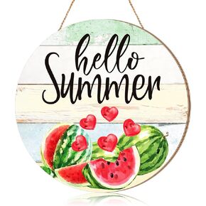 Ferraycle Wooden Door Sign, Hello Summer Decorative Signage, 12 x 12 Inches, Round, Modern, Green, Pink