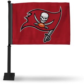 Rico Industries NFL Football Tampa Bay Buccaneers Primary Double Sided Car Flag with Black Pole - 16" x 19" - Strong Pole That Hooks onto Car/Truck/Automobile