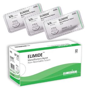ELIMIDE Veterinary Nylon Non-Absorbable Monofilament Sutures Reverse Cutting, 3/8 Circle, 24mm, 3/0 30" FS1 Blue 663NL
