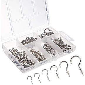 KUUQA 75 Pcs Multi-size Nickel Plated Metal Ceiling Hooks Screw Cup Hook Holder (Silver)