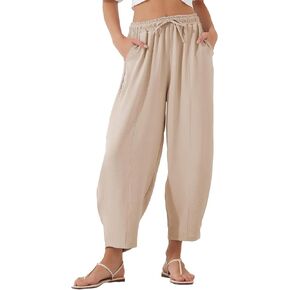 EVALESS Women's Summer High Waisted Baggy Pants Casual Ankle Length Trouser Slacks with Pockets