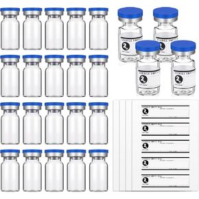 20 Sealed Sterile Empty Vials with Self Healing Injection Port Glass Penicillin Bottle with 20 Label Stickers (2ml)