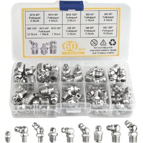 XINGYHENG 60Pcs Metric Hydraulic Grease Fitting Galvanized Steel M6 M8 M10 Straight 90 Degree 45 Degree Grease Fitting Assortment Kit