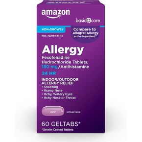 Amazon Basic Care, 24 Hour Allergy Relief, Fexofenadine Hydrochloride Geltabs 180 mg, Non-Drowsy Antihistamine, 60 Count