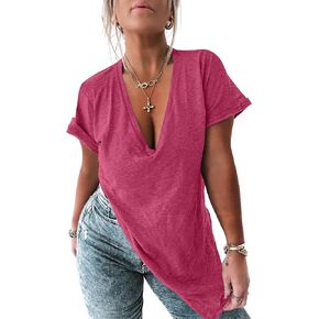 Tankaneo Womens Deep V Neck Short Sleeve T Shirts Side Slit Oversized Summer Loose Tunic Top