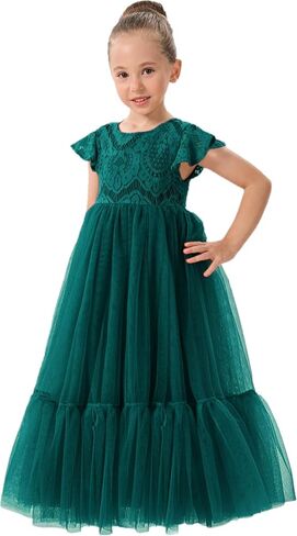 2Bunnies Girl Orchid Lace Flutter Sleeve A-Line Swirly Ruffle Tulle Communion Rustic Boho Flower Girl Dress in Kuwait