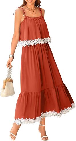 فستان نسائي من NALANISA موضة صيف 2024 بوهو للشمس بربطة عنق وحزام سباغيتي على شكل حرف A مكشكش للشاطئ فستان طويل طويل in Kuwait