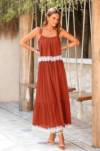 فستان نسائي من NALANISA موضة صيف 2024 بوهو للشمس بربطة عنق وحزام سباغيتي على شكل حرف A مكشكش للشاطئ فستان طويل طويل in Kuwait