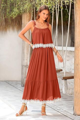 فستان نسائي من NALANISA موضة صيف 2024 بوهو للشمس بربطة عنق وحزام سباغيتي على شكل حرف A مكشكش للشاطئ فستان طويل طويل in Kuwait