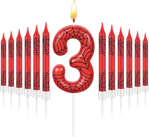 13 Pcs Spider Themed Birthday Candle Set, 12 Spider Web Cake Topper and 1 Number Birthday Candle, Red Spider Themed Birthday Candle Spider Birthday Decoration for Boy Spider Party(Number 3) in Saudi Arabia