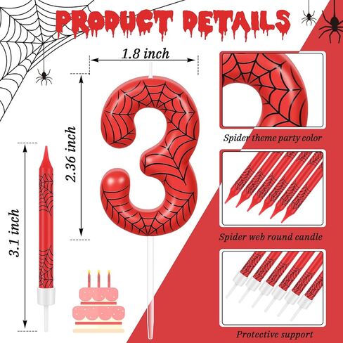 13 Pcs Spider Themed Birthday Candle Set, 12 Spider Web Cake Topper and 1 Number Birthday Candle, Red Spider Themed Birthday Candle Spider Birthday Decoration for Boy Spider Party(Number 3) in Saudi Arabia