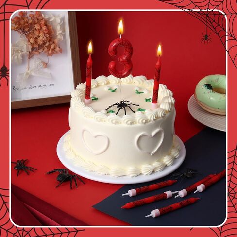 13 Pcs Spider Themed Birthday Candle Set, 12 Spider Web Cake Topper and 1 Number Birthday Candle, Red Spider Themed Birthday Candle Spider Birthday Decoration for Boy Spider Party(Number 3) in Saudi Arabia