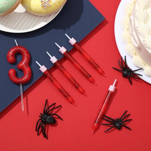 13 Pcs Spider Themed Birthday Candle Set, 12 Spider Web Cake Topper and 1 Number Birthday Candle, Red Spider Themed Birthday Candle Spider Birthday Decoration for Boy Spider Party(Number 3) in Saudi Arabia